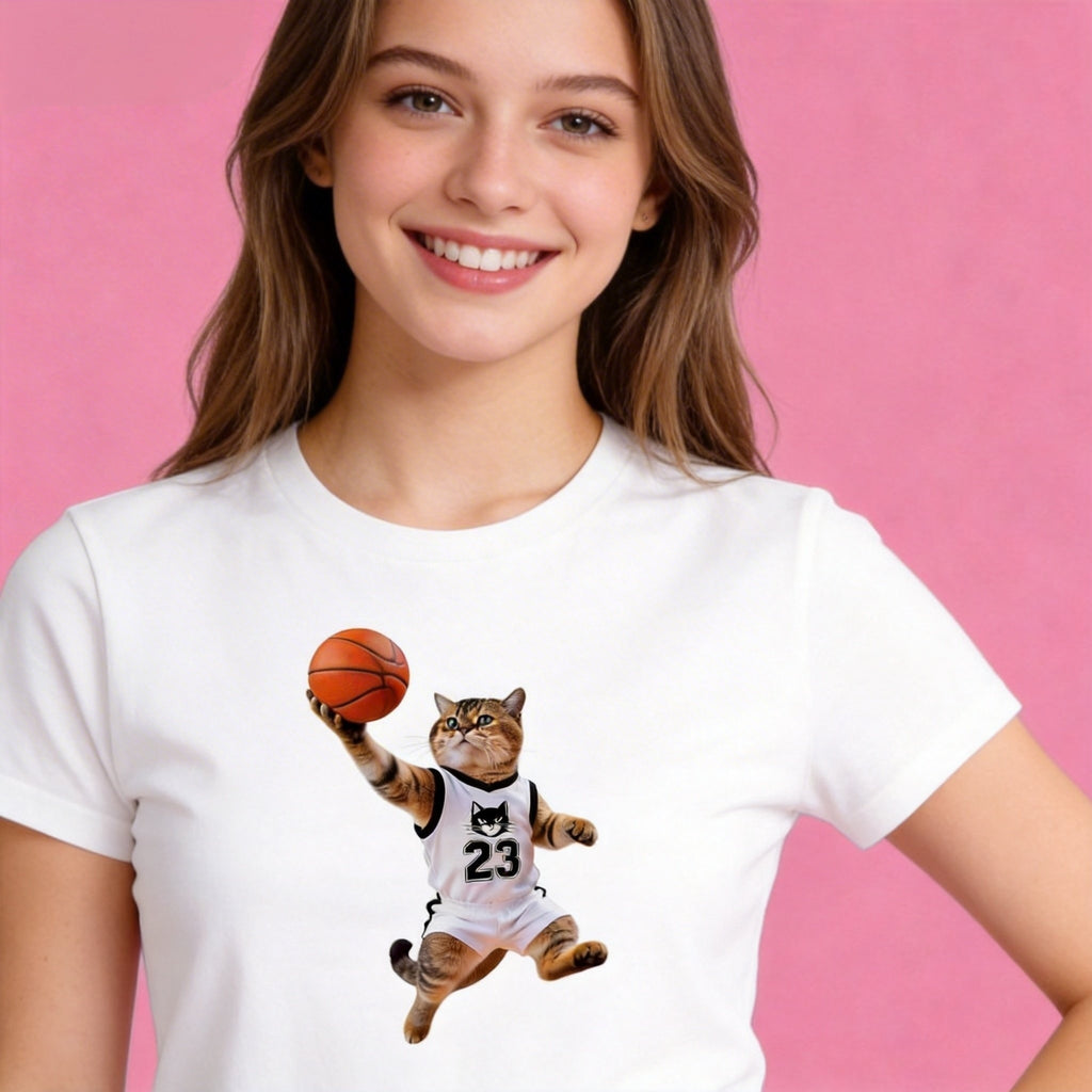 Female model in Sunny Brand #23 basketball cat t-shirt, trendy sports casual outfit