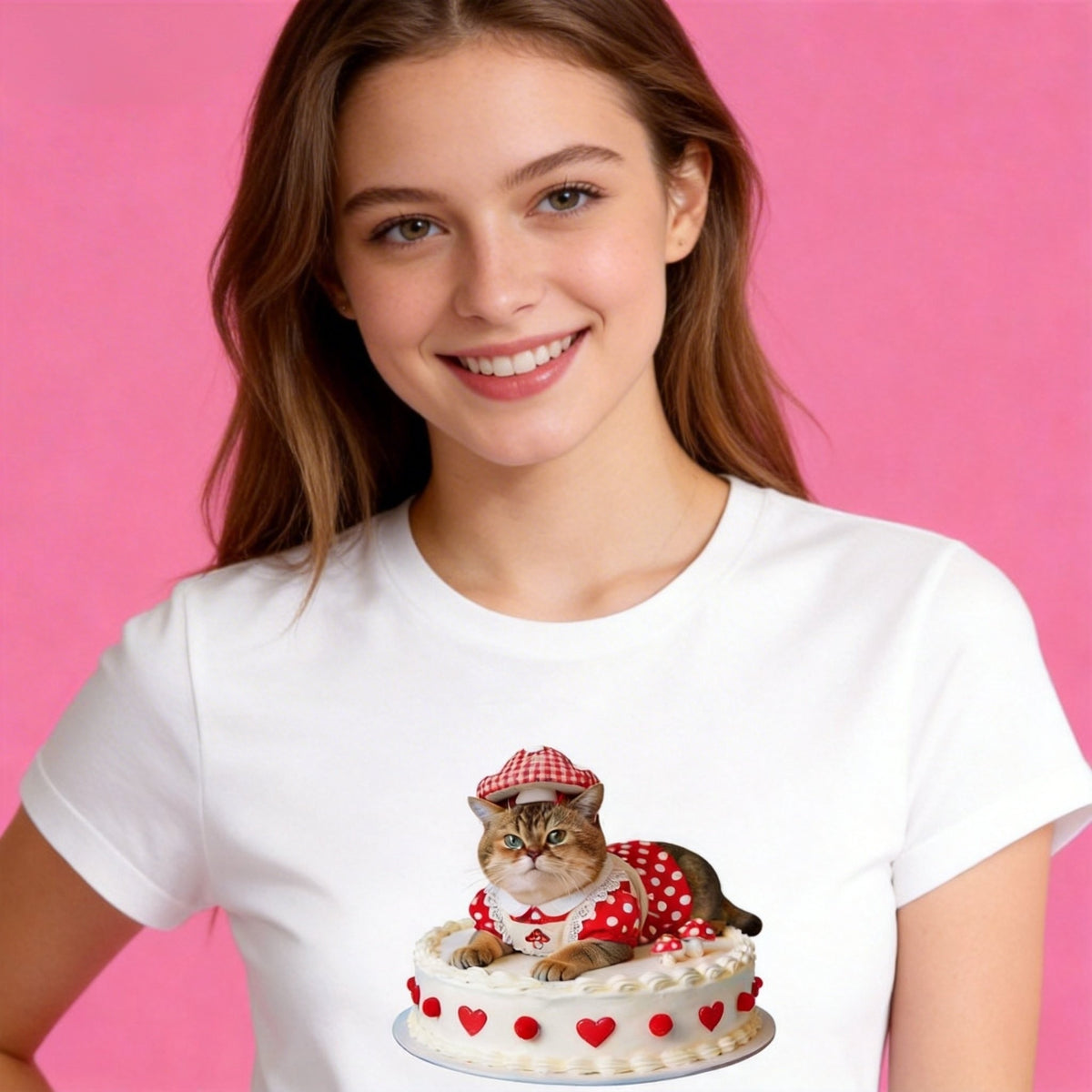 Female model in Sunny Brand cute cake cat t-shirt, charming daily casual outfit