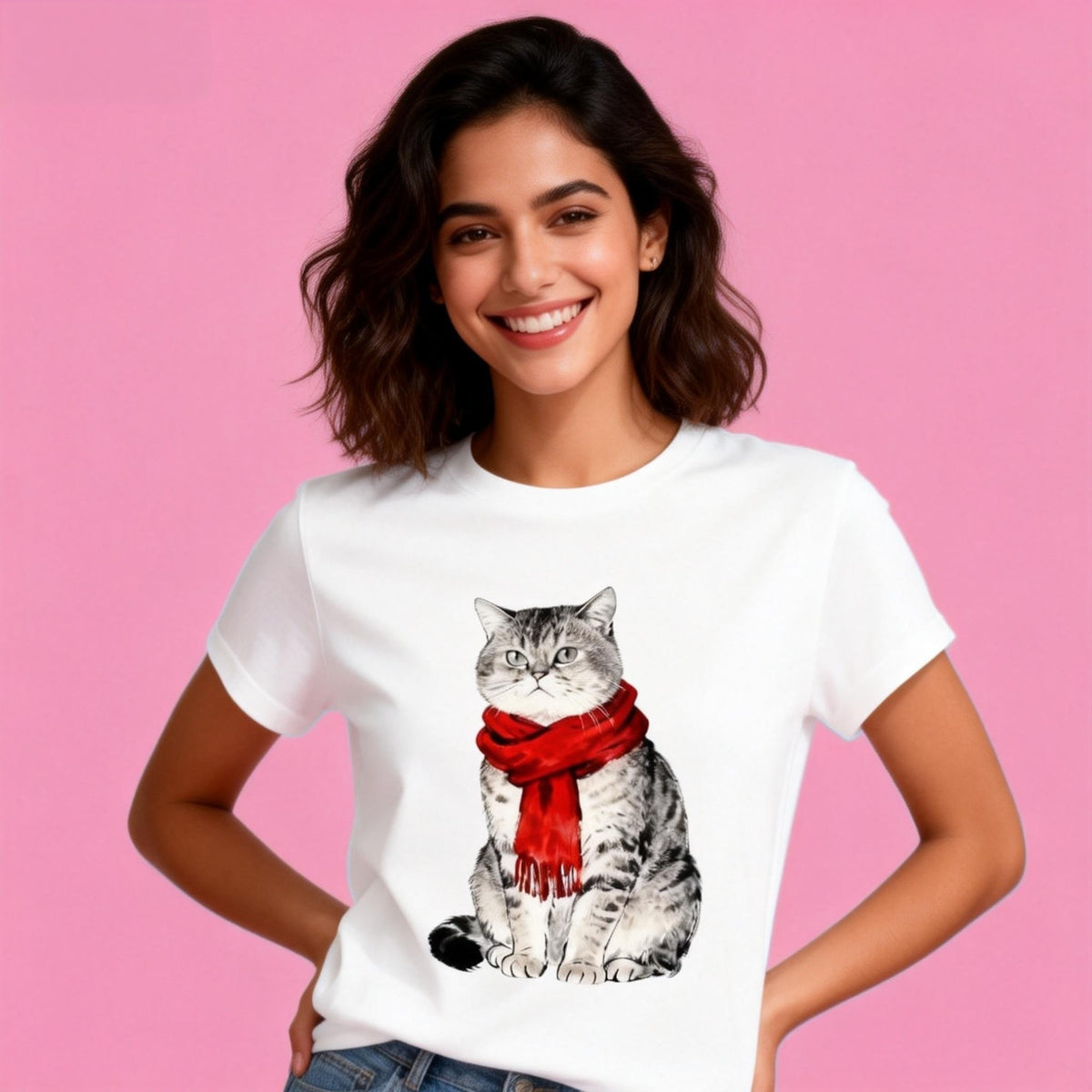 Female model in Sunny Brand casual cat t-shirt, winter style with scarf cat design