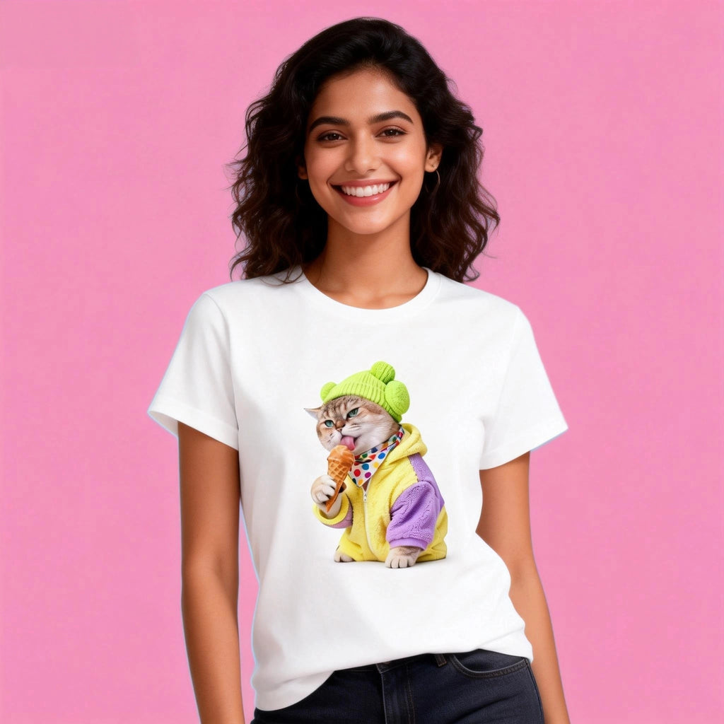 Female model in Sunny Brand colorful cat t-shirt, street style with ice cream cat design