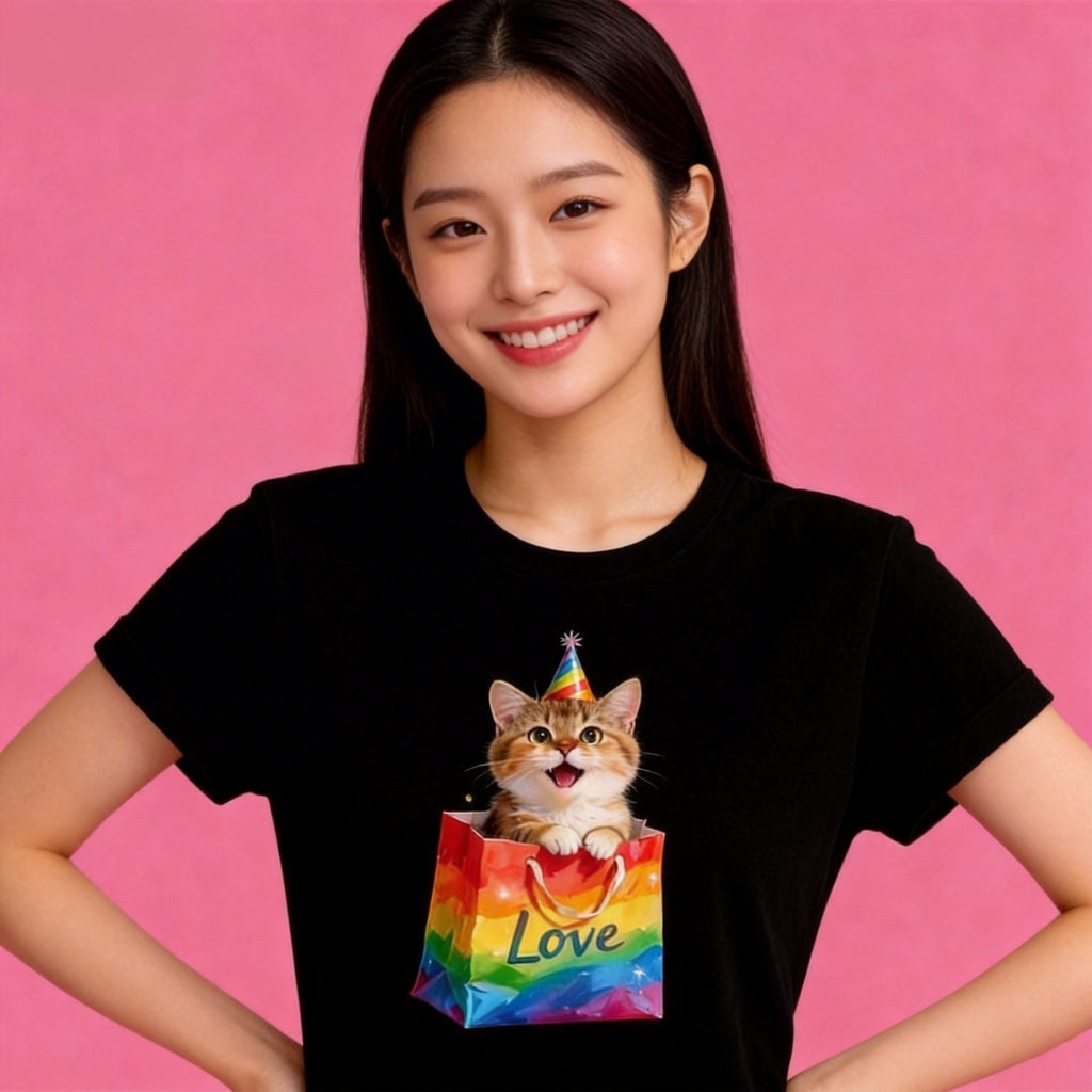 Female model in Sunny Brand celebration cat tee, rainbow love graphic casual wear