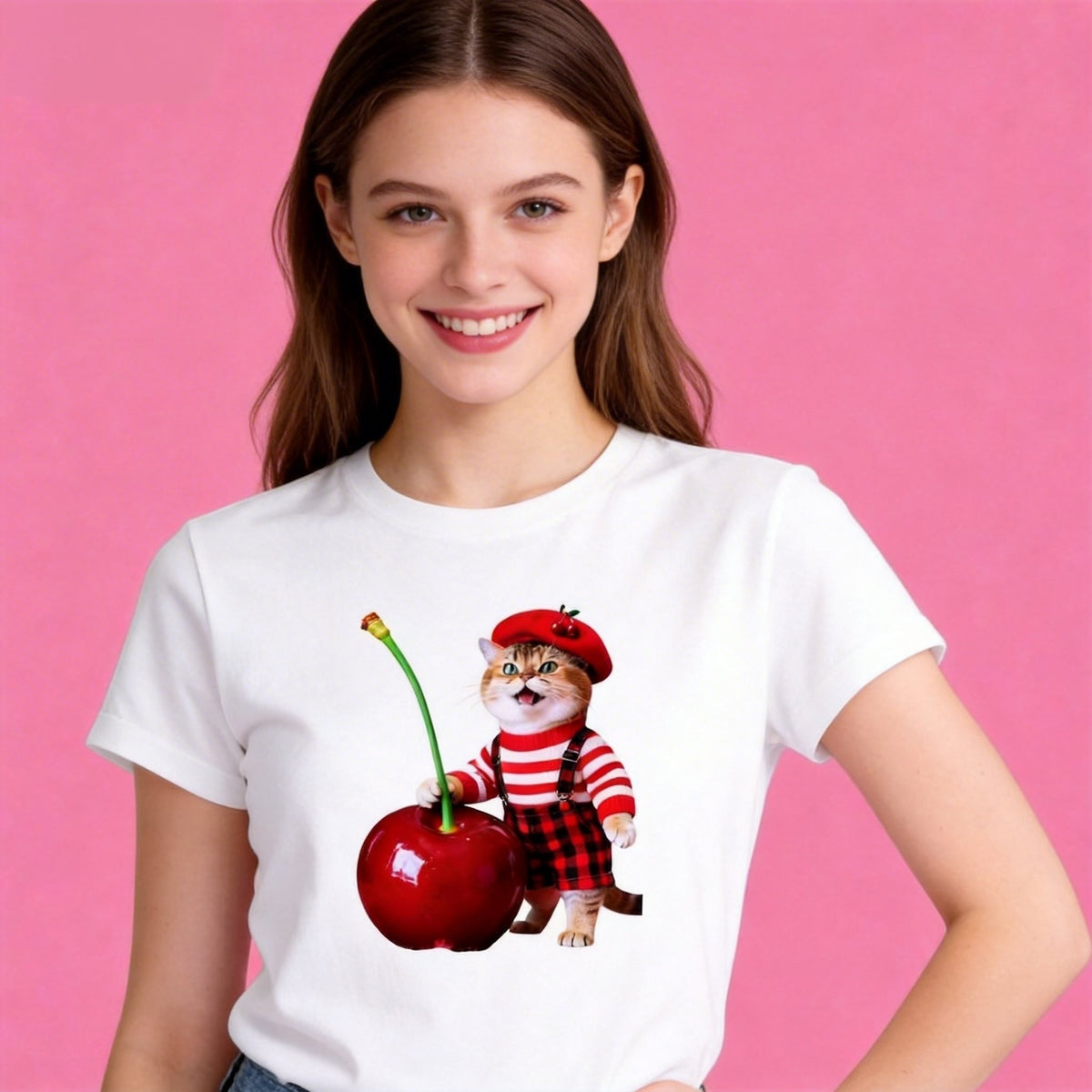 Female model in Sunny Brand cute cherry cat t-shirt, cheerful daily casual outfit