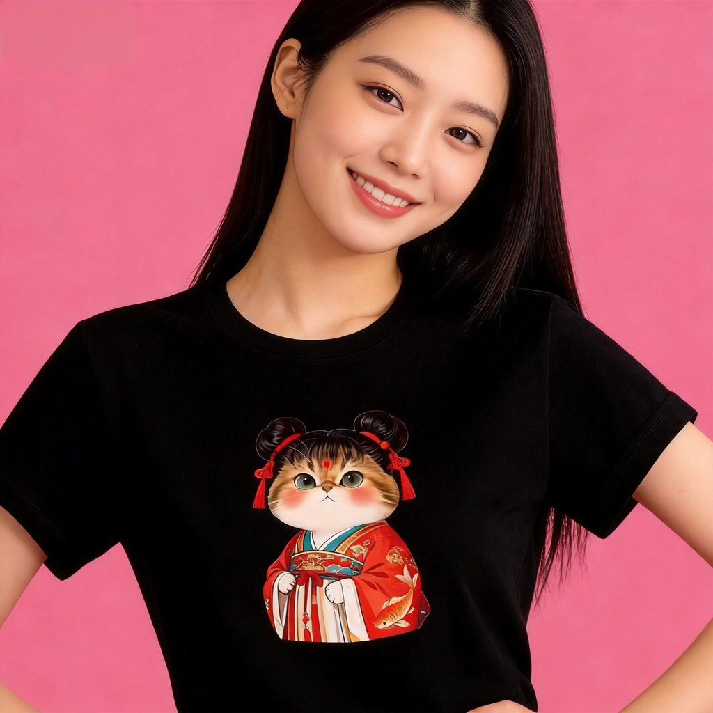 Female model in Sunny Brand Chinese cat t-shirt, charming hanfu cat design for casual wear