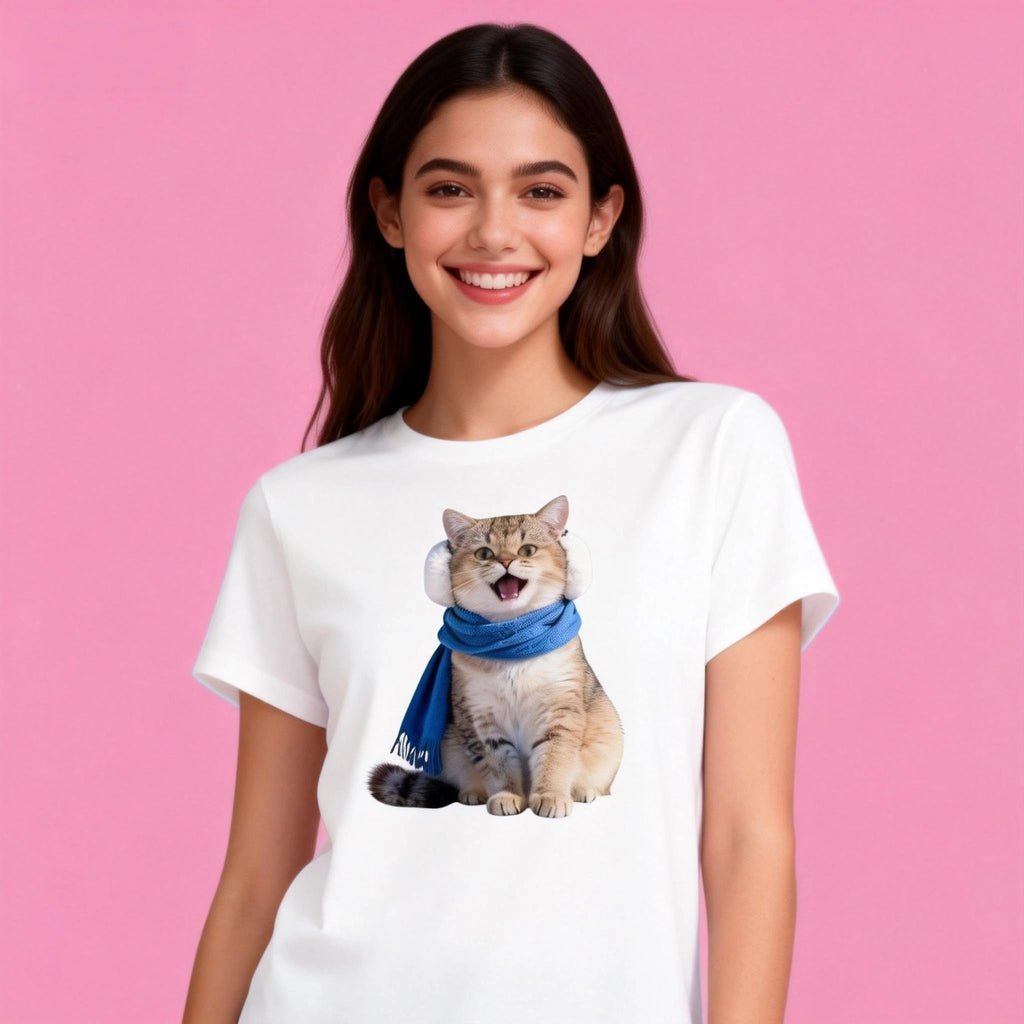 Female model in Sunny Brand cozy winter cat t-shirt, warm winter cat design for casual wear