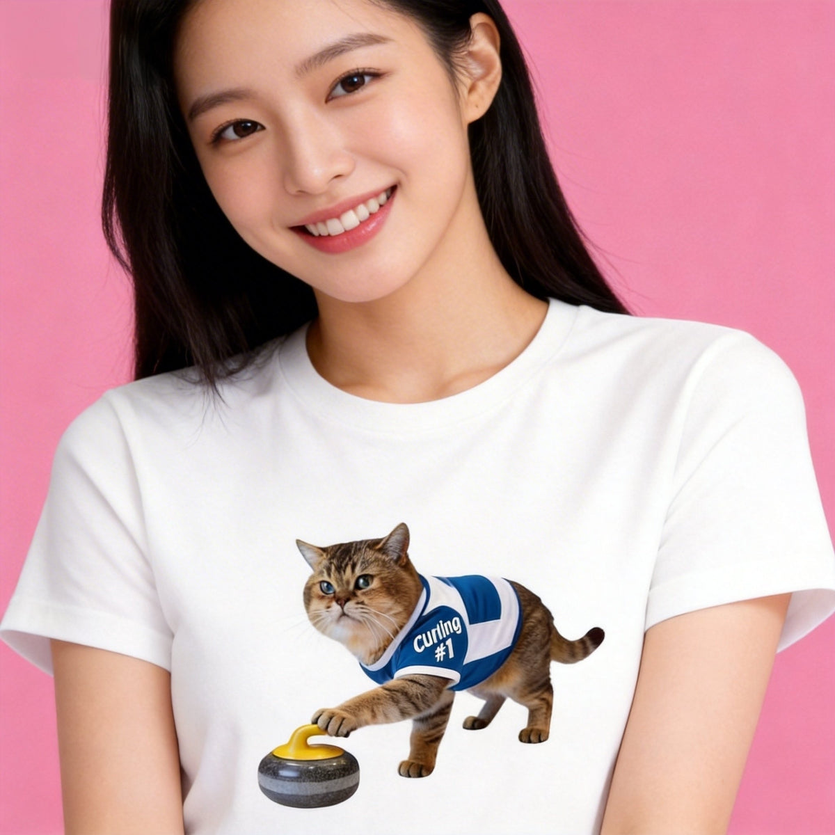 Female model in Sunny Brand curling champion cat t-shirt, trendy winter casual outfit