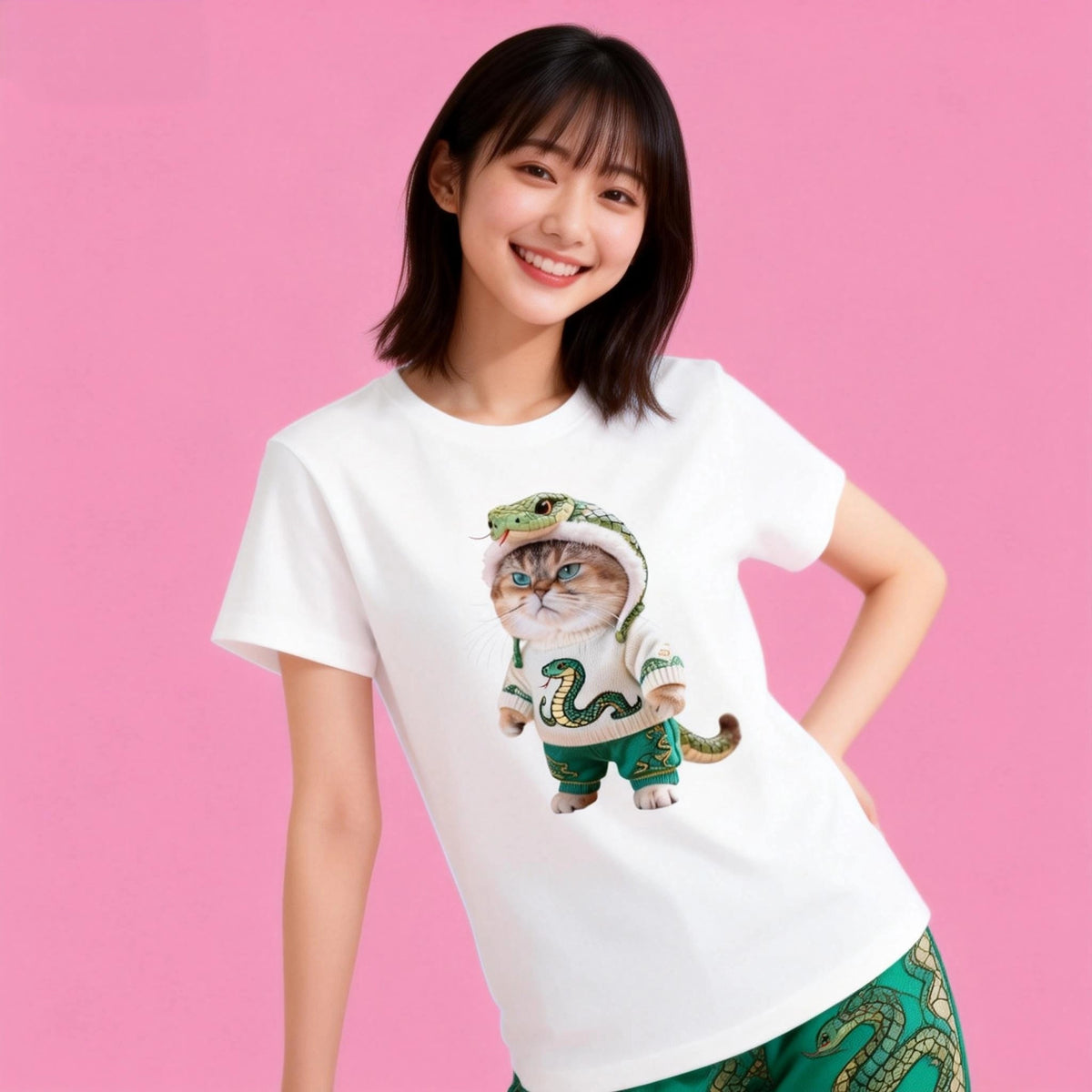 Female model in Sunny Brand cute cat t-shirt, playful snake cat design for casual wear