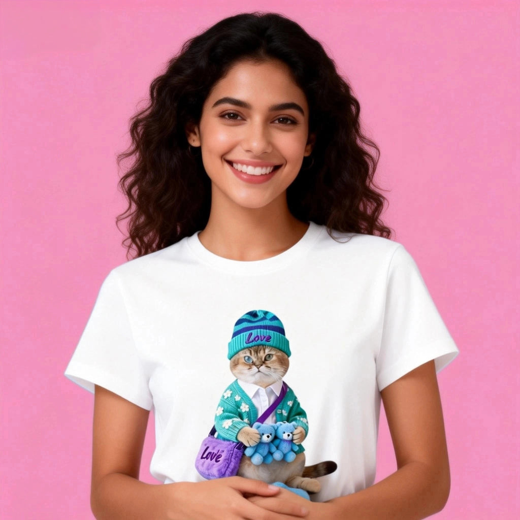 Female model in Sunny Brand cute cat t-shirt, soft knit cat design for everyday wear