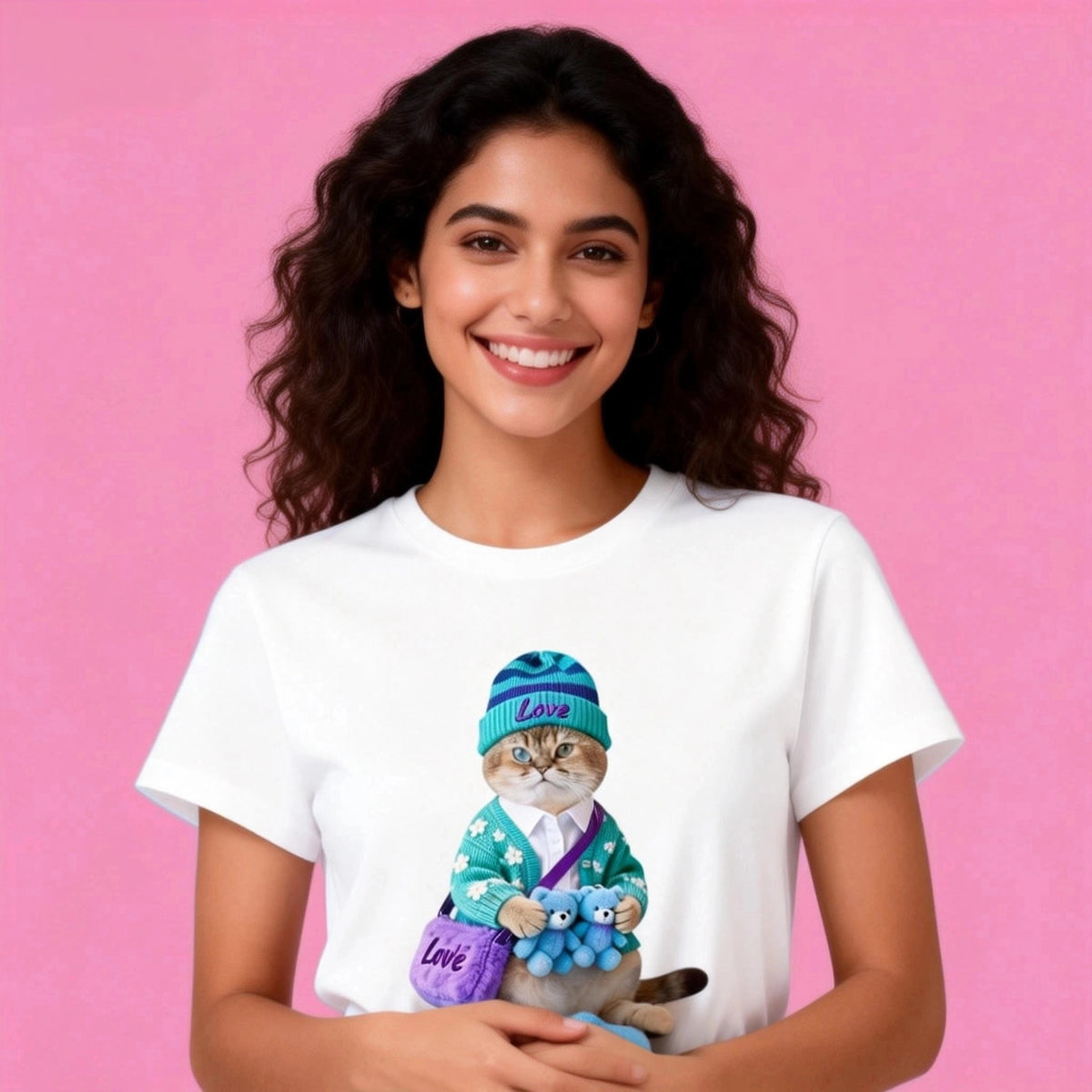 Female model in Sunny Brand cute cat t-shirt, soft knit cat design for everyday wear
