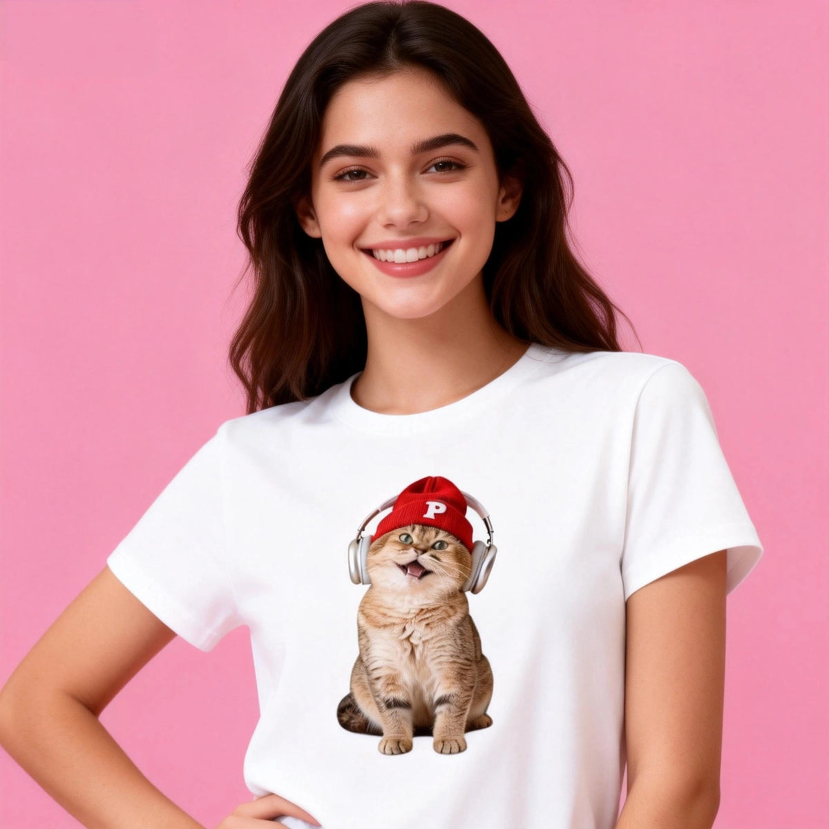 Female model in Sunny Brand DJ cat tee, playful cat with beanie design for everyday wear