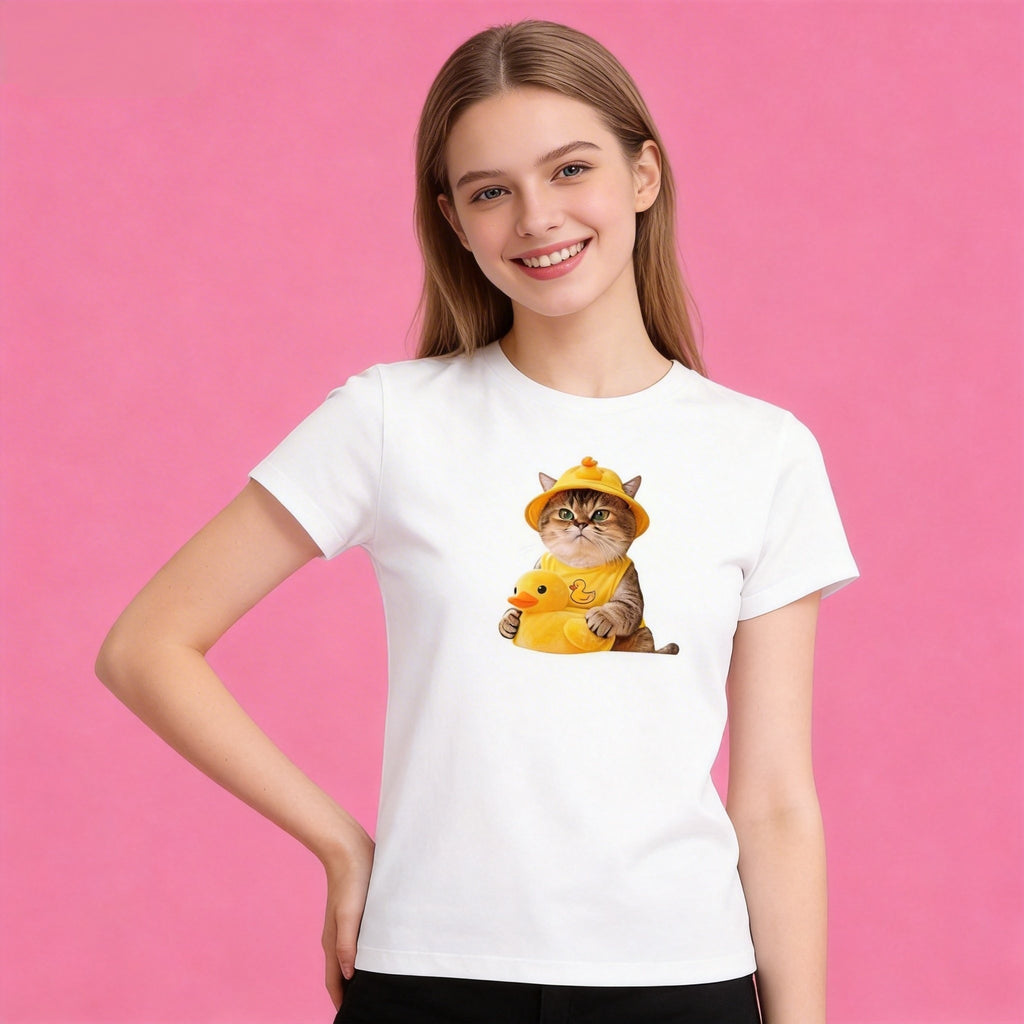 Female model in Sunny Brand cat duck outfit t-shirt, cute casual daily wear