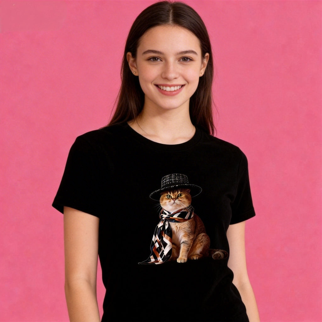 Female model in Sunny Brand bold cat t-shirt, trendy daily casual outfit