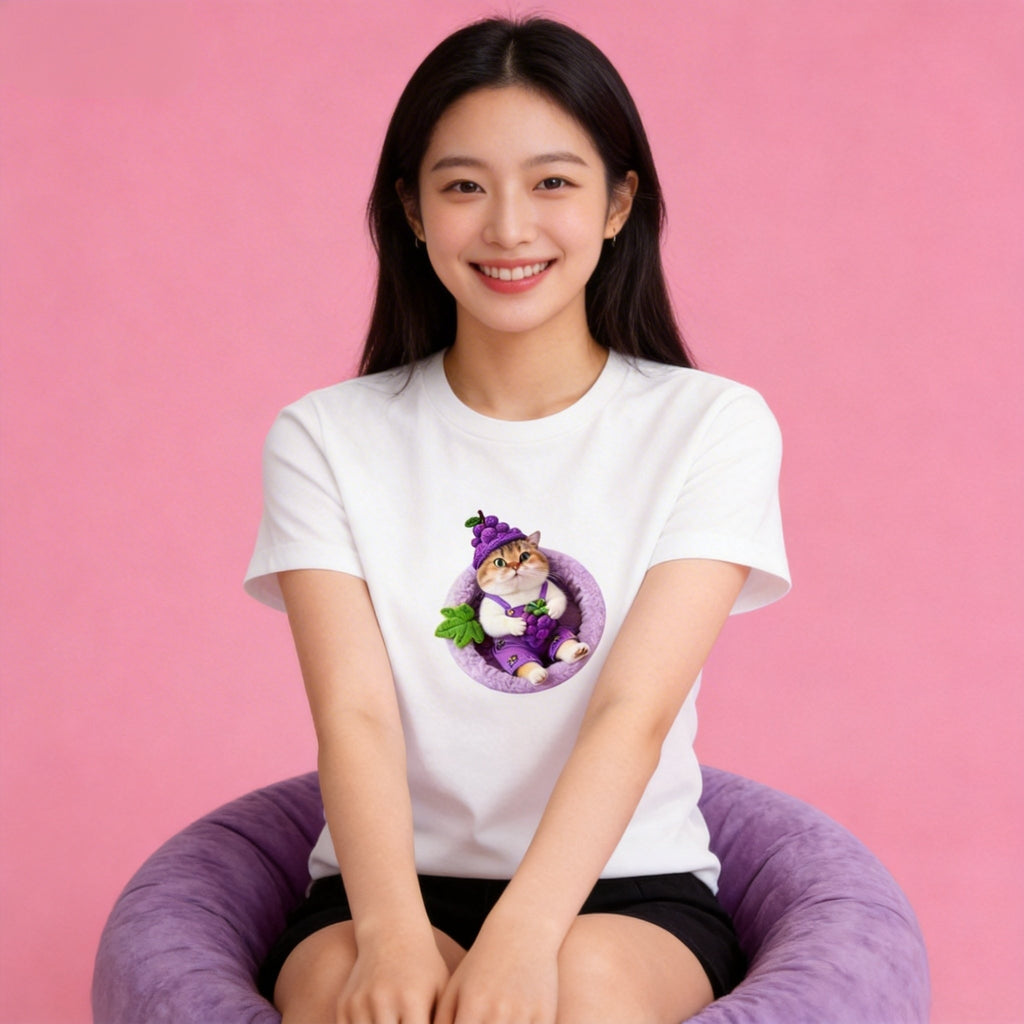 Female model in Sunny Brand garden cat tee, adorable gnome cat design