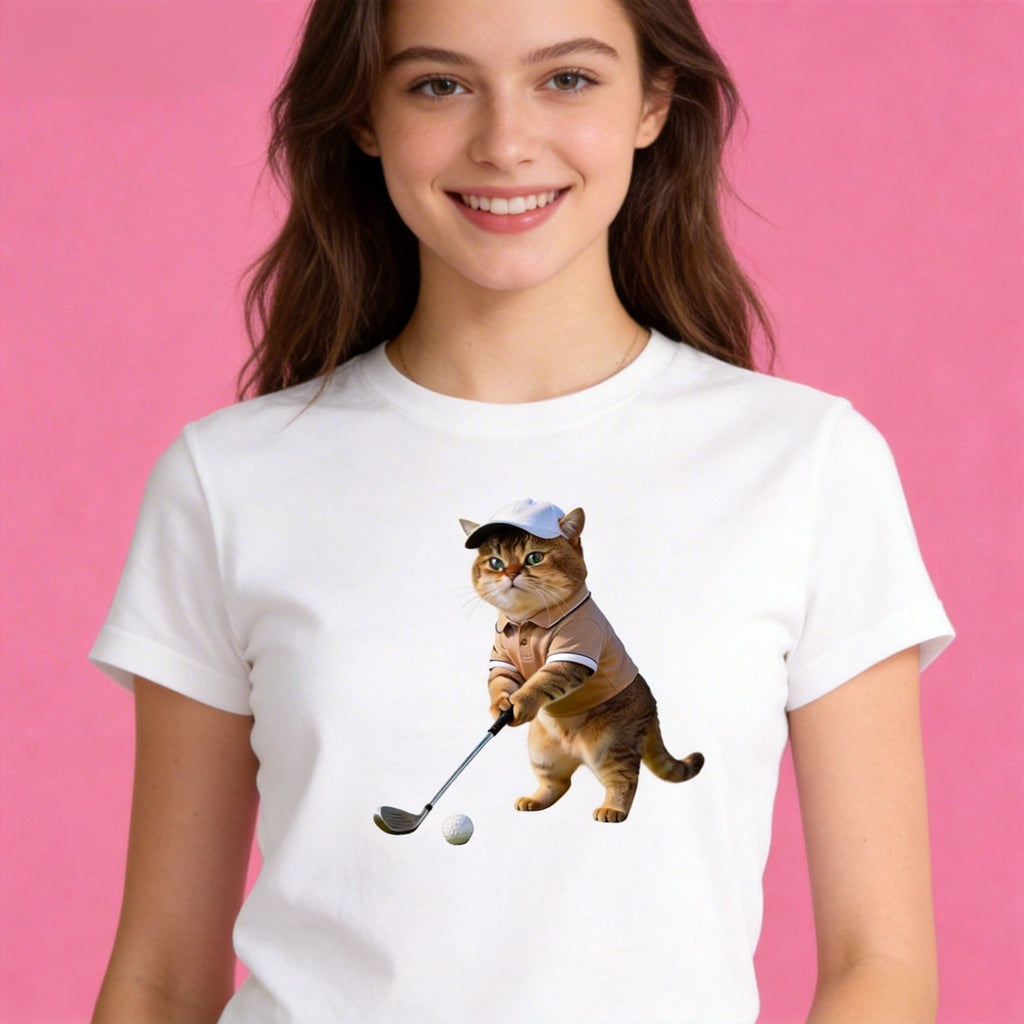 Female model in Sunny Brand dapper golf cat t-shirt, stylish daily casual outfit