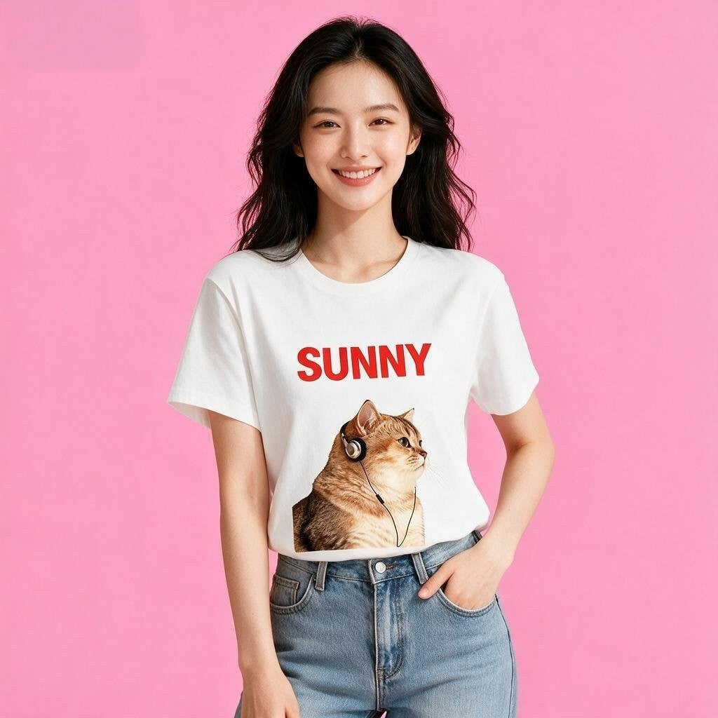 Female model in Sunny Brand music lover cat t-shirt, minimalist casual streetwear outfit