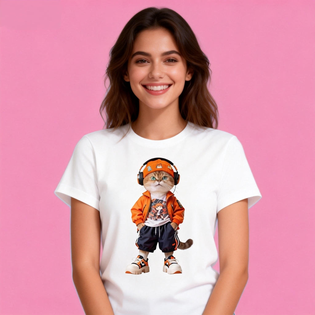 Female model in Sunny Brand hip-hop cat t-shirt, bold streetwear cat design for casual wear