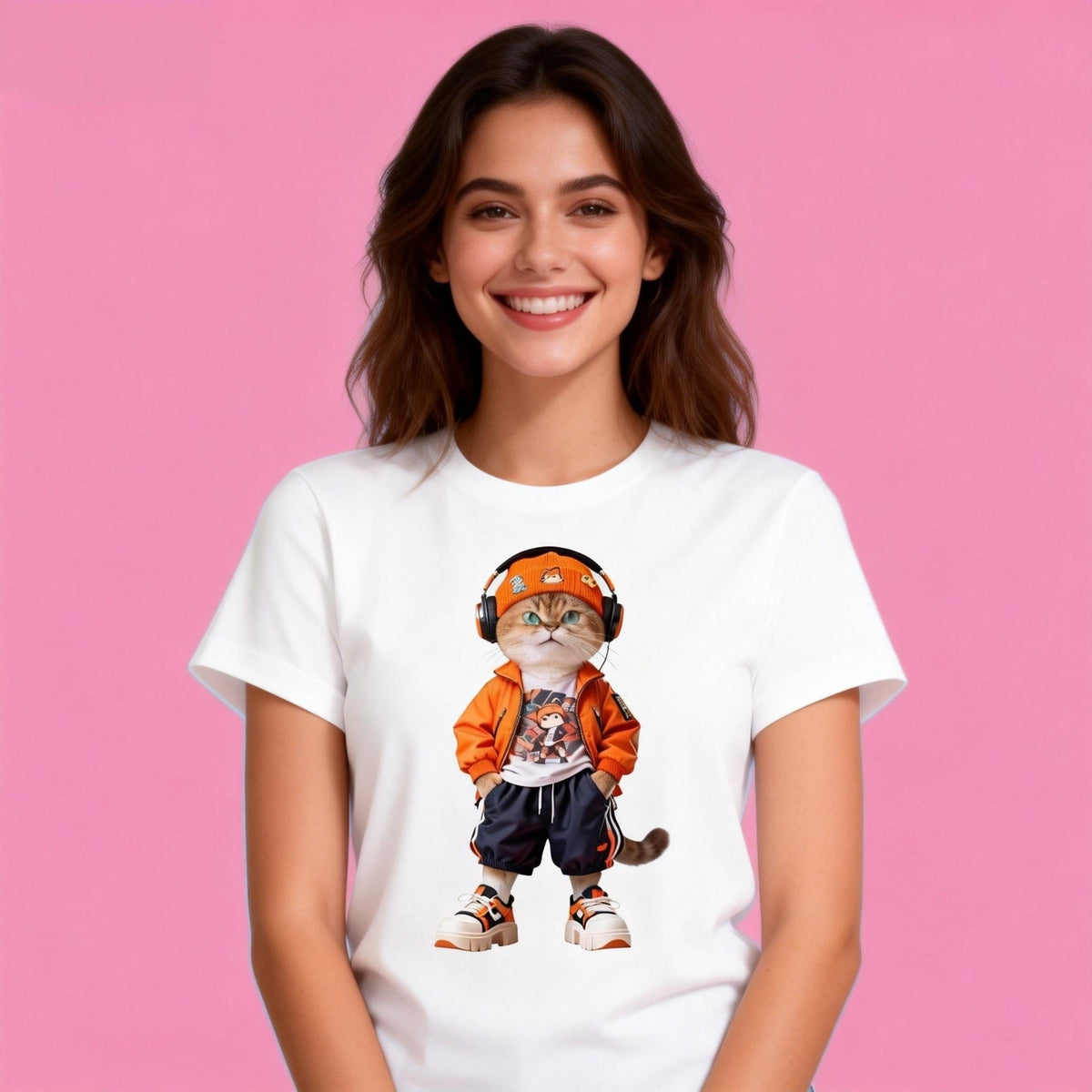 Female model in Sunny Brand hip-hop cat t-shirt, bold streetwear cat design for casual wear