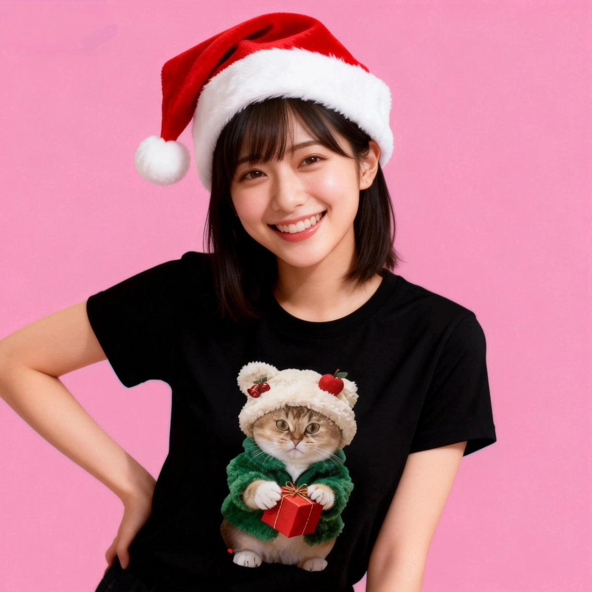 Female model in Sunny Brand holiday cat tee, cute gift cat design