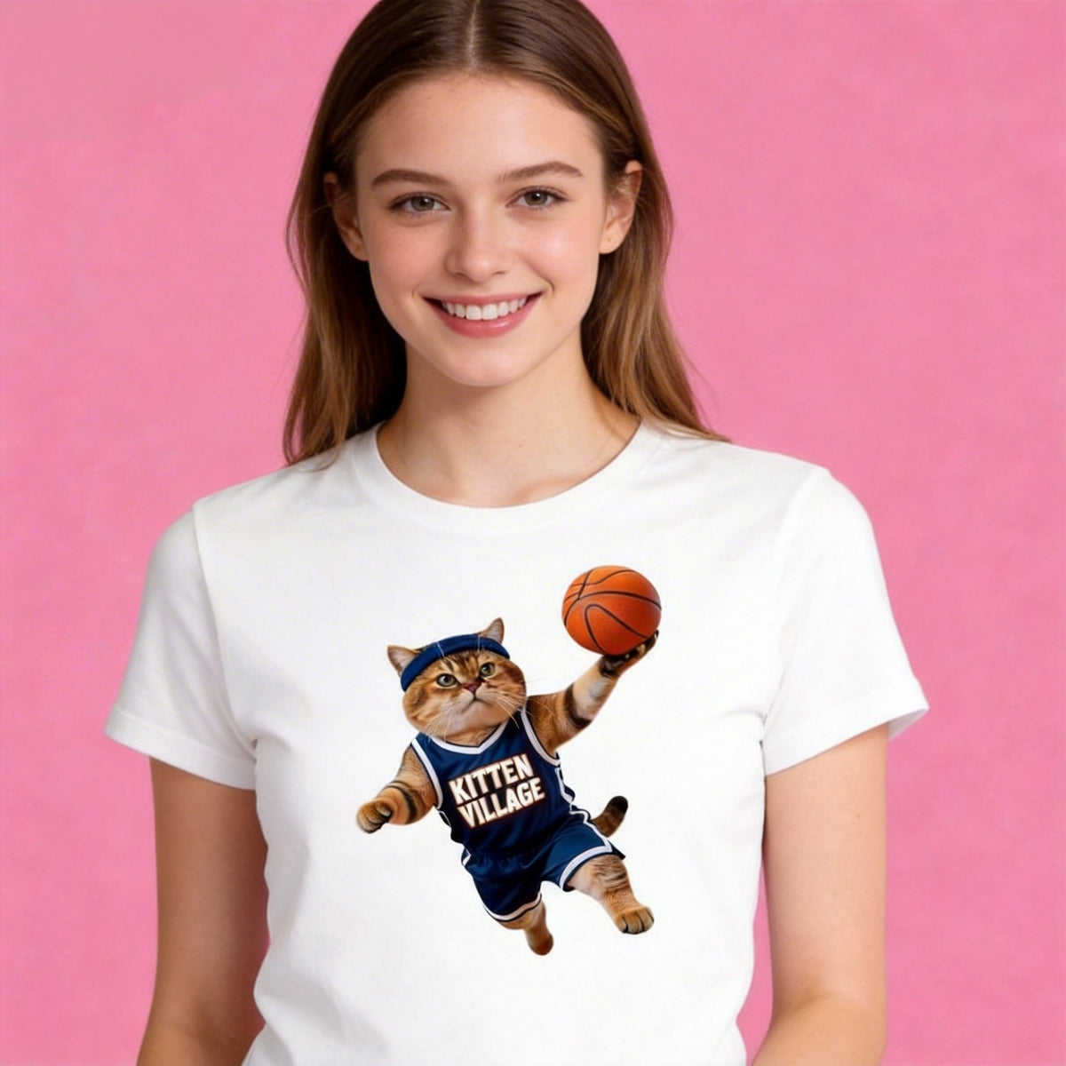 Female model in Sunny Brand blue jersey basketball cat t-shirt, stylish street wear outfit