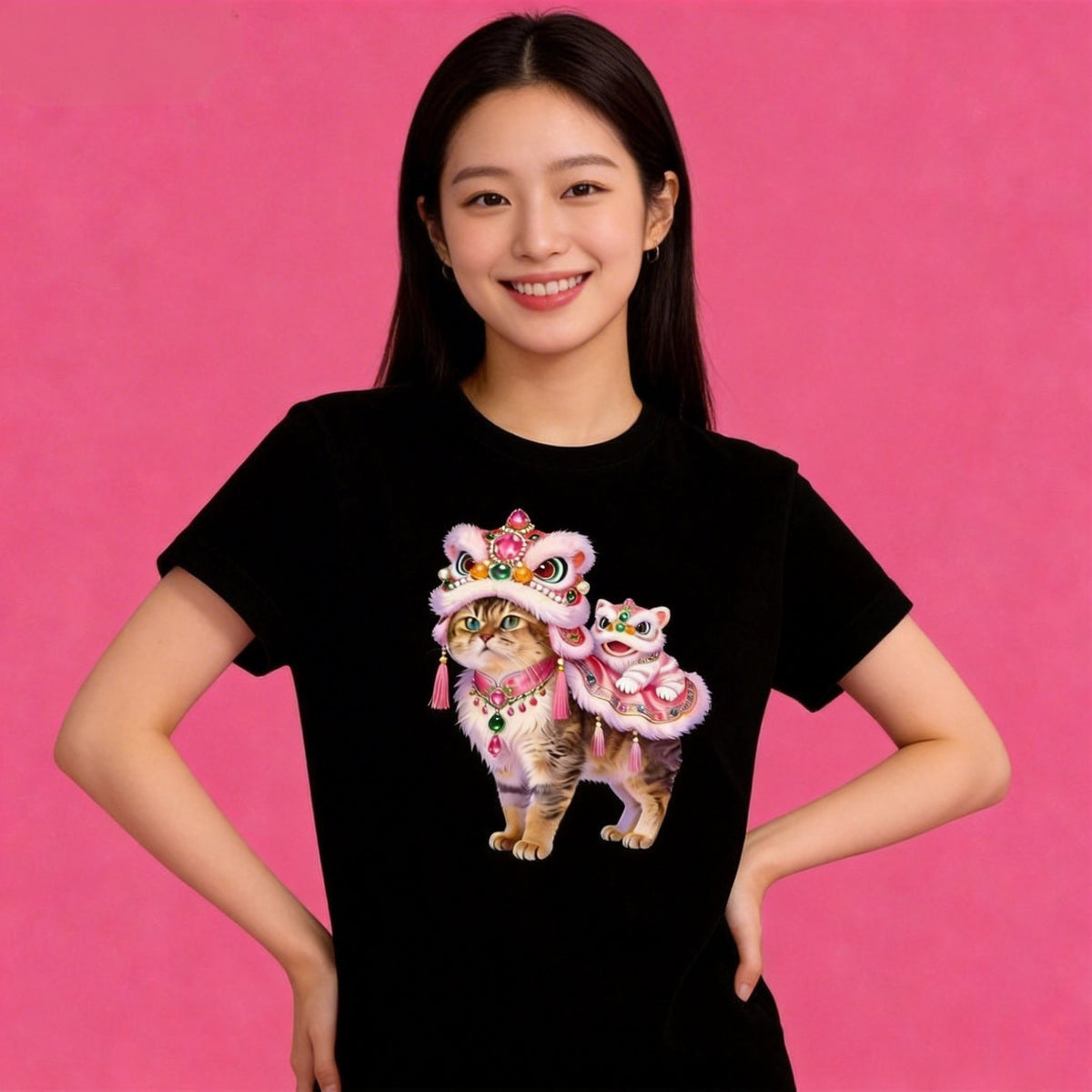 Female model in Sunny Brand festive lion cat t-shirt, stylish cultural casual outfit
