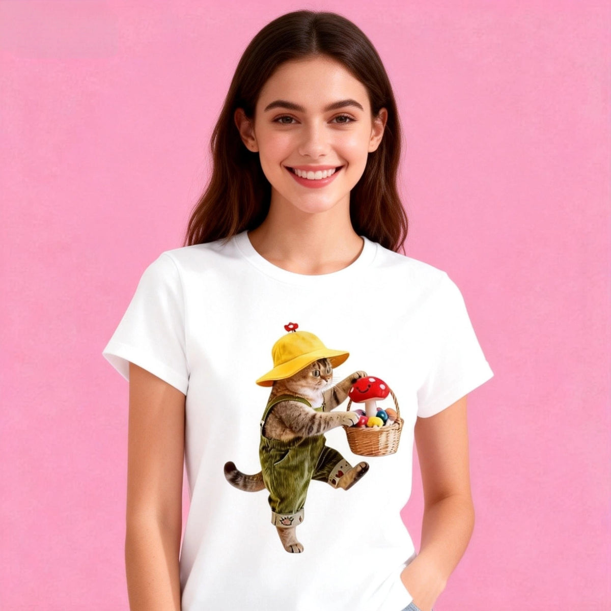 Female model in Sunny Brand cute garden cat t-shirt, charming daily casual outfit