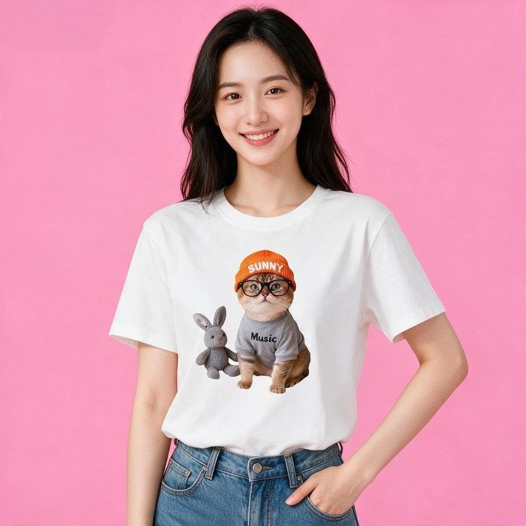 Female model in Sunny Brand glasses cat t-shirt, youthful casual streetwear outfit