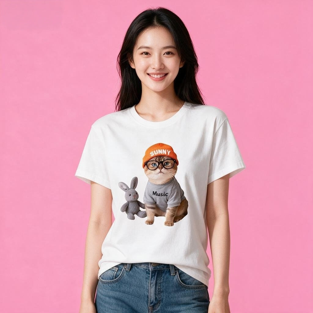 Woman wearing Sunny Brand music cat t-shirt, cool street-style cat graphic casual wear white front