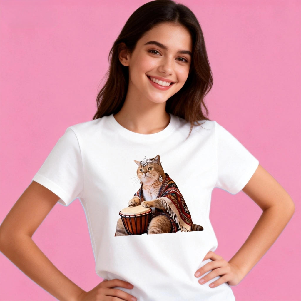 Female model in Sunny Brand music cat t-shirt, fun drum cat design for street style