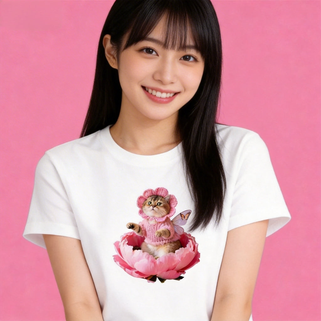 Female model in Sunny Brand peony fairy cat tee, whimsical floral cat design for spring wear