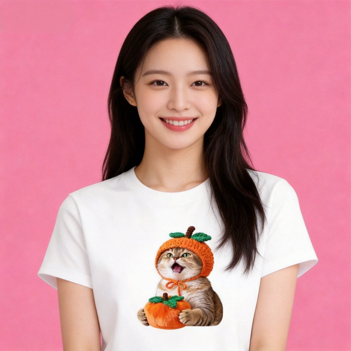 Female model in Sunny Brand lucky persimmon kitten t-shirt, sweet daily casual outfit