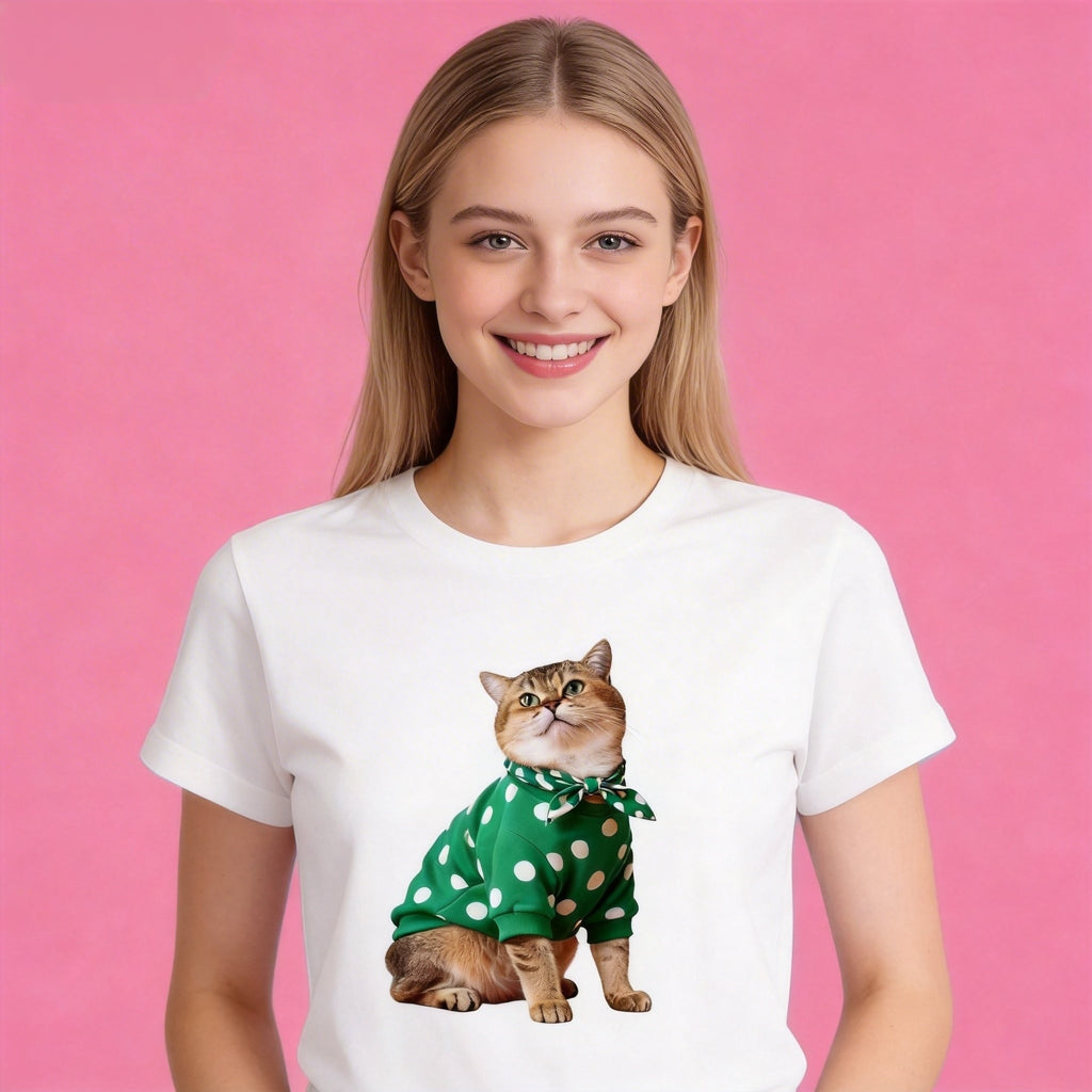 Female model in Sunny Brand green polka dot cat t-shirt, charming daily casual outfit