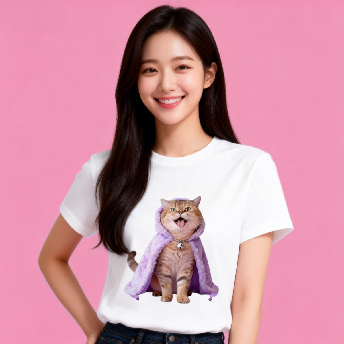 Female model in Sunny Brand happy cat cloak t-shirt, cute daily casual outfit