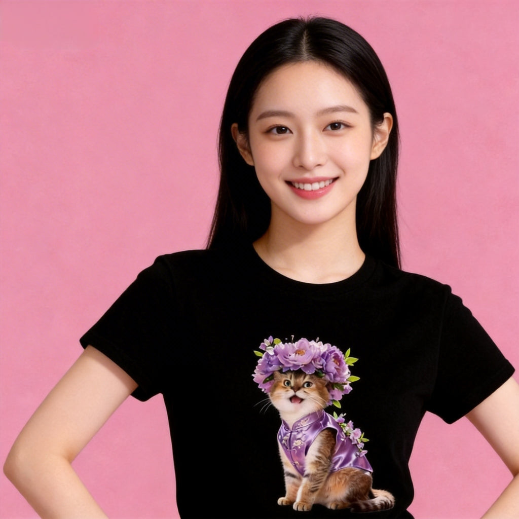 Woman wearing Sunny Brand purple flower cat t-shirt, elegant floral cat graphic casual wear black color