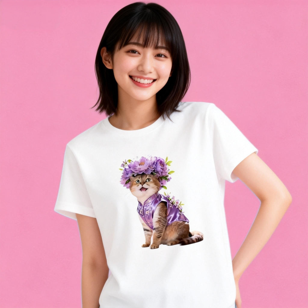 Female model in Sunny Brand floral crown cat t-shirt, romantic daily casual outfit