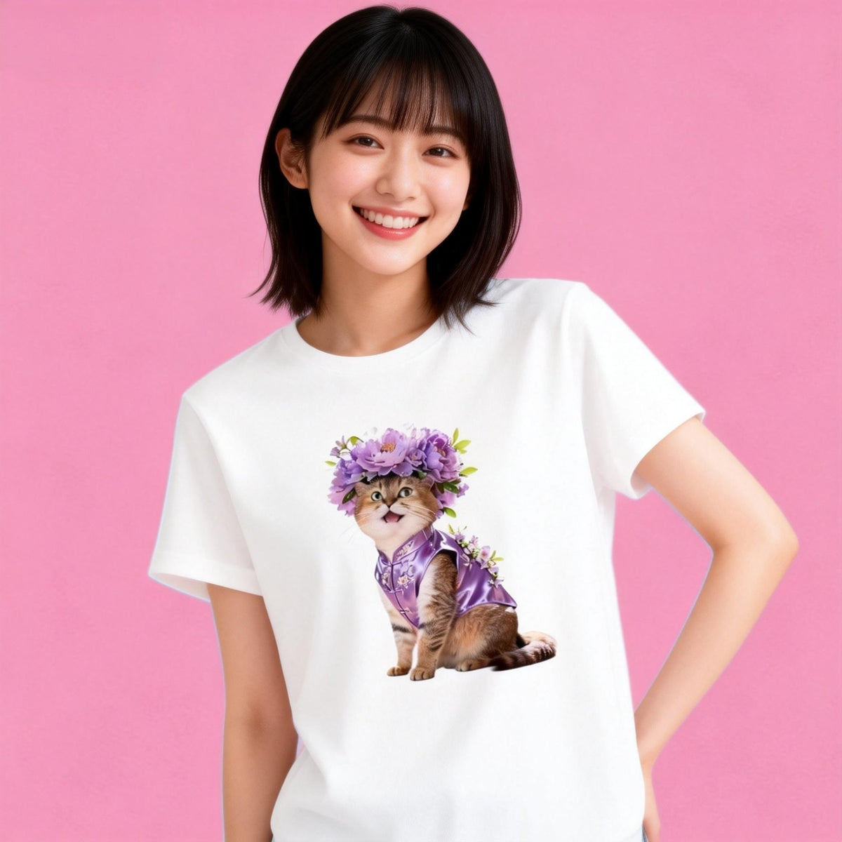 Female model in Sunny Brand floral crown cat t-shirt, romantic daily casual outfit