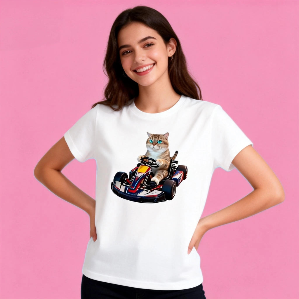 Female model in Sunny Brand racing cat t-shirt, playful go-kart cat design for casual wear