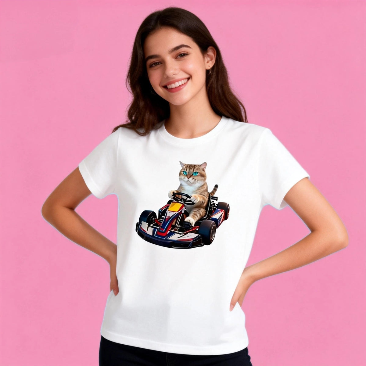 Female model in Sunny Brand racing cat t-shirt, playful go-kart cat design for casual wear