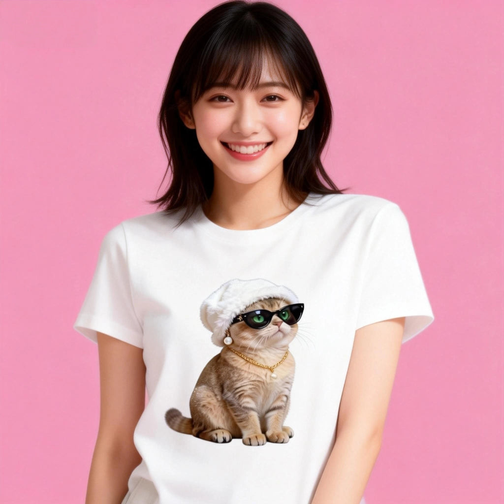 Female model in Sunny Brand chic cat t-shirt, trendy daily casual outfit