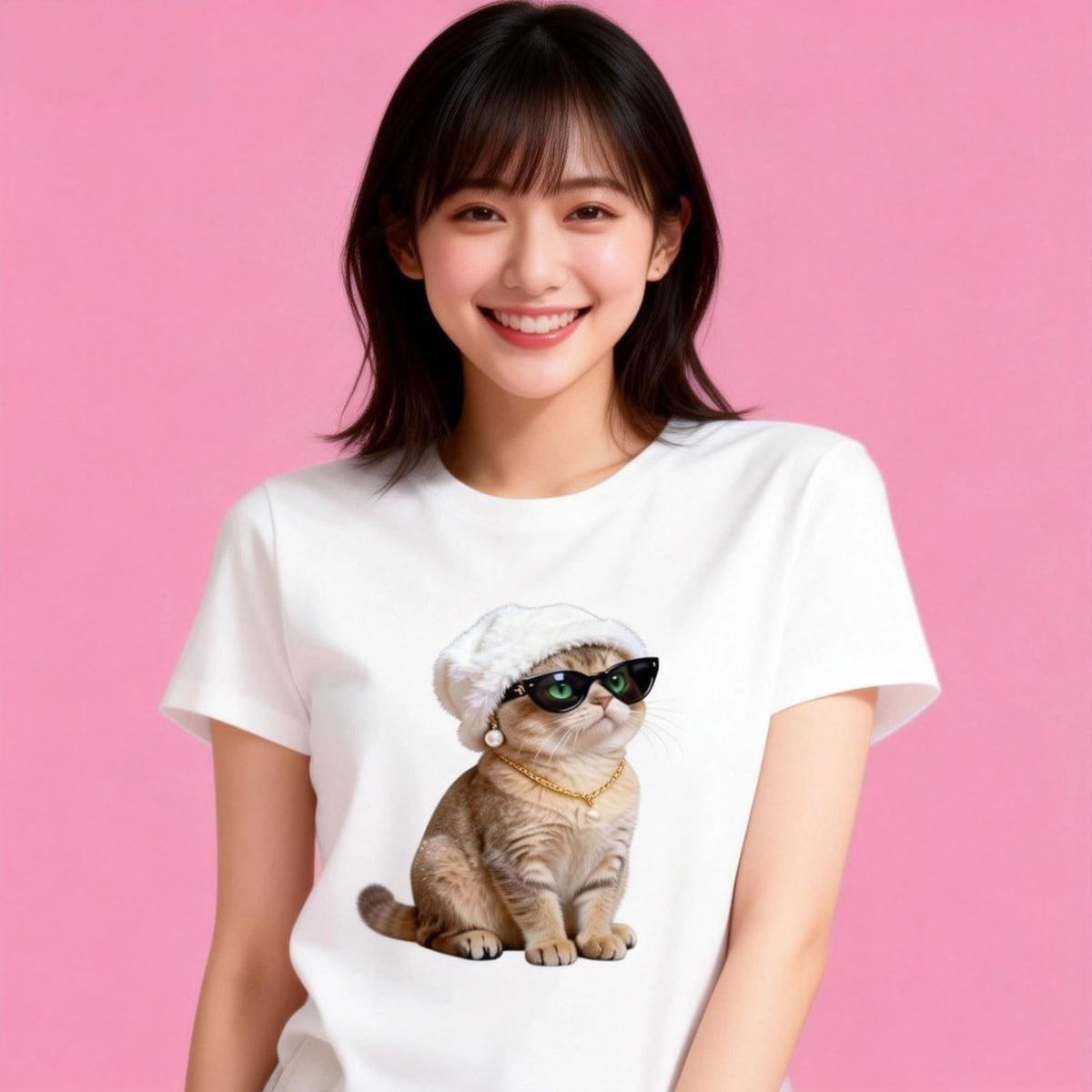 Female model in Sunny Brand chic cat t-shirt, trendy daily casual outfit