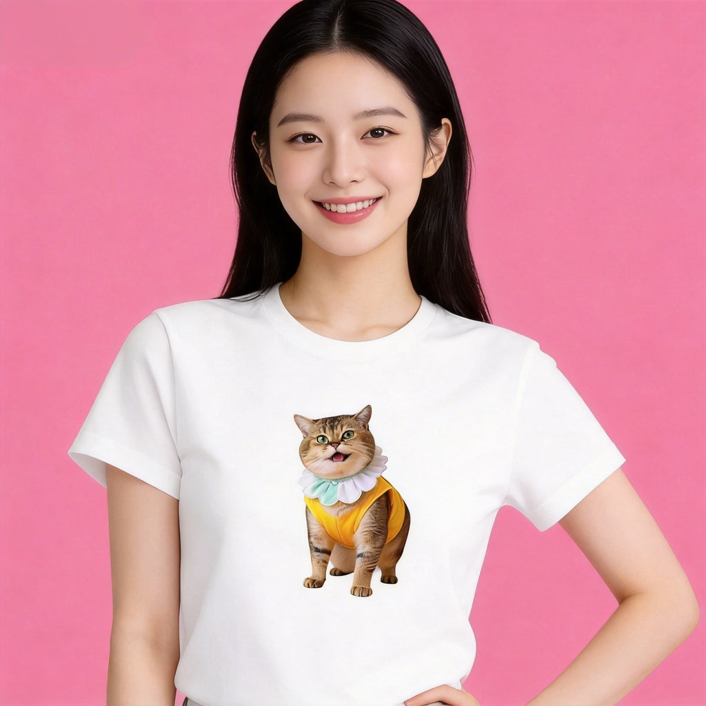 Female model in Sunny Brand cute ruffle collar cat t-shirt, charming daily casual outfit