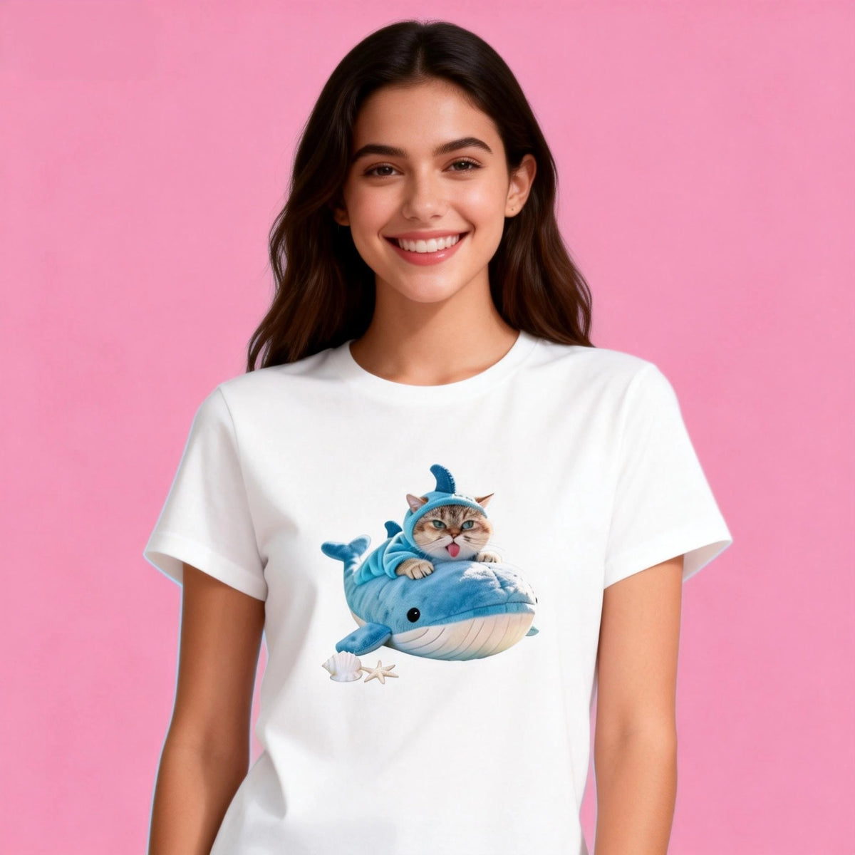 Female model in Sunny Brand shark cat t-shirt, cute daily casual wear