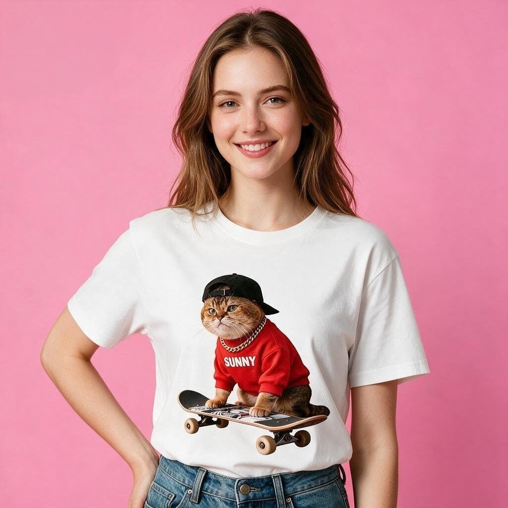Female model in Sunny Brand skater cat t-shirt, trendy casual outfit