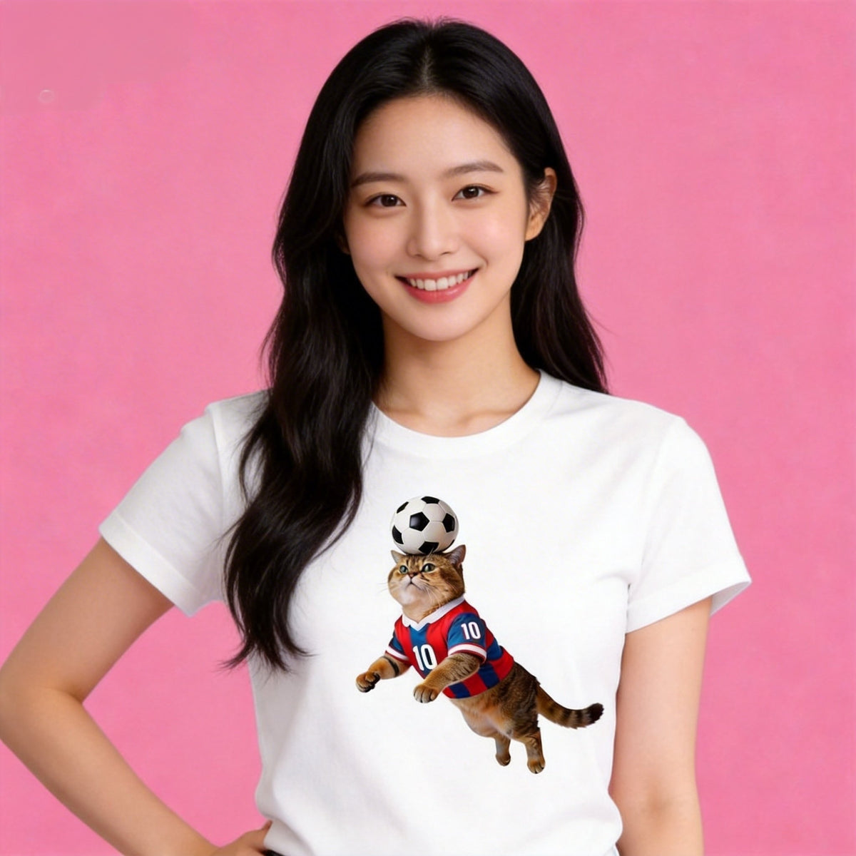 Female model in Sunny Brand #10 soccer cat t-shirt, trendy sports casual outfit