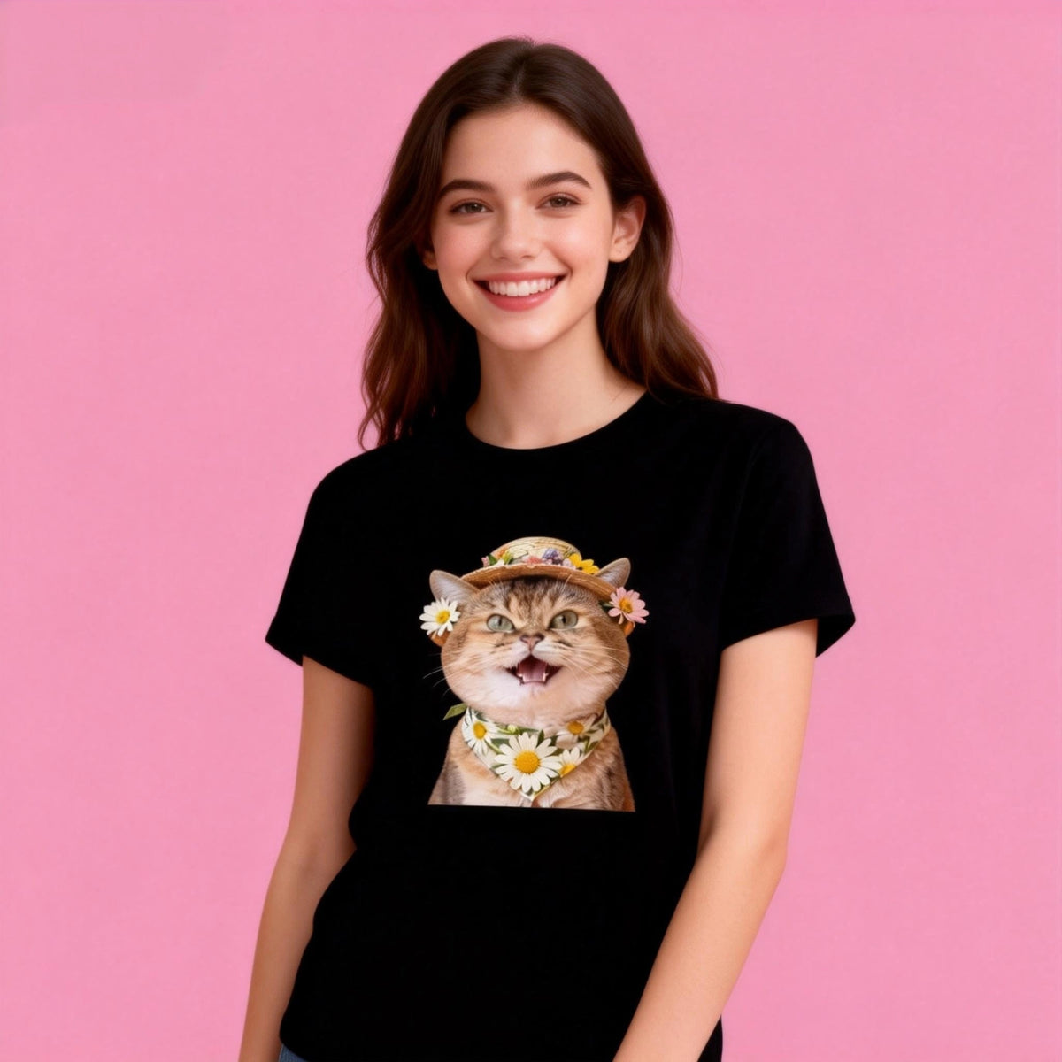 Female model in Sunny Brand summer cat tee, vibrant floral cat design