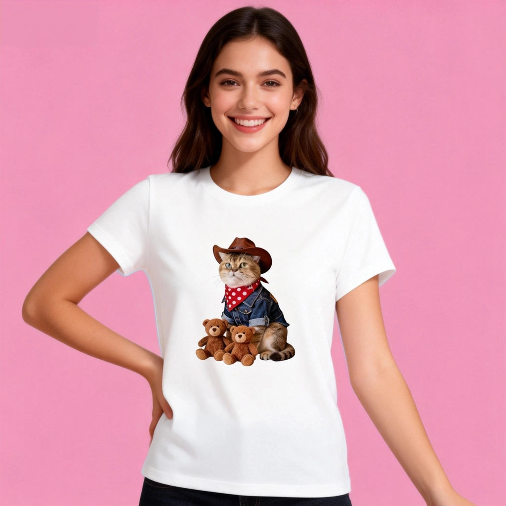 Female model in Sunny Brand Western teddy cat t-shirt, playful cowboy cat design for casual wear