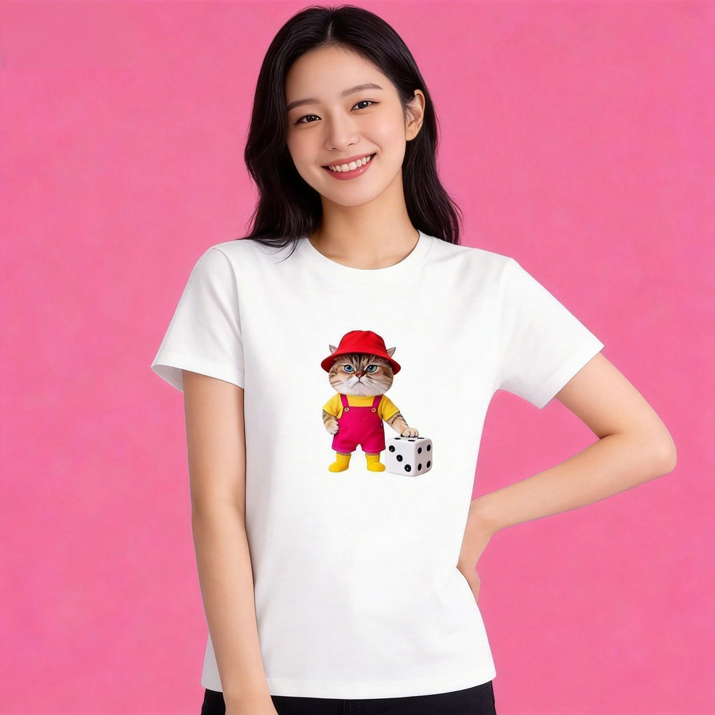 Female model in Sunny Brand worker cat tee, playful dice cat design