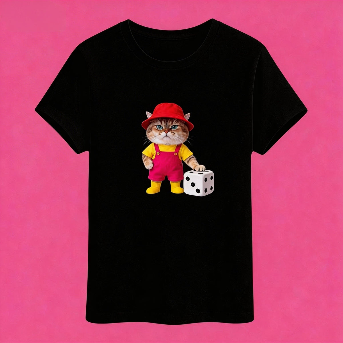 Sunny Brand t-shirt detail, close-up of cute cat with dice graphic