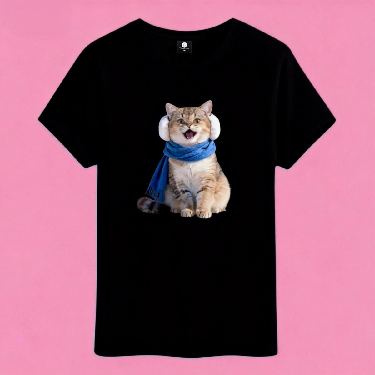 Sunny Brand t-shirt detail, print of charming winter cat graphic with blue scarf and fluffy earmuffs