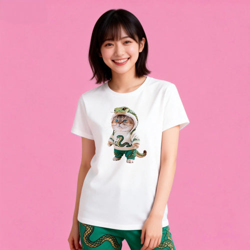 Woman wearing Sunny Brand snake cat t-shirt, festive outfit with snake hood cat graphic