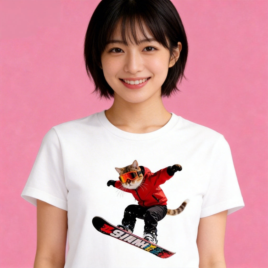 Woman wearing Sunny Brand snowboard cat t-shirt, sporty cool cat graphic casual wear